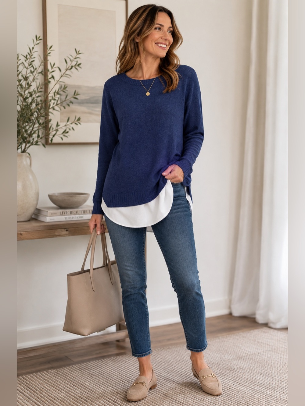 Hilary Radley Blue Layered Look Sweater Tunic White Shirttail Hem Large